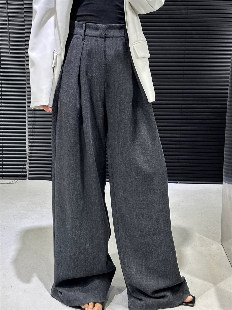 Women's Grey Draped Workwear Oversized Slim-fit Casual Wide-leg Pants for Office Outfits Business Travel Comfort Slimming Weekend Everyday