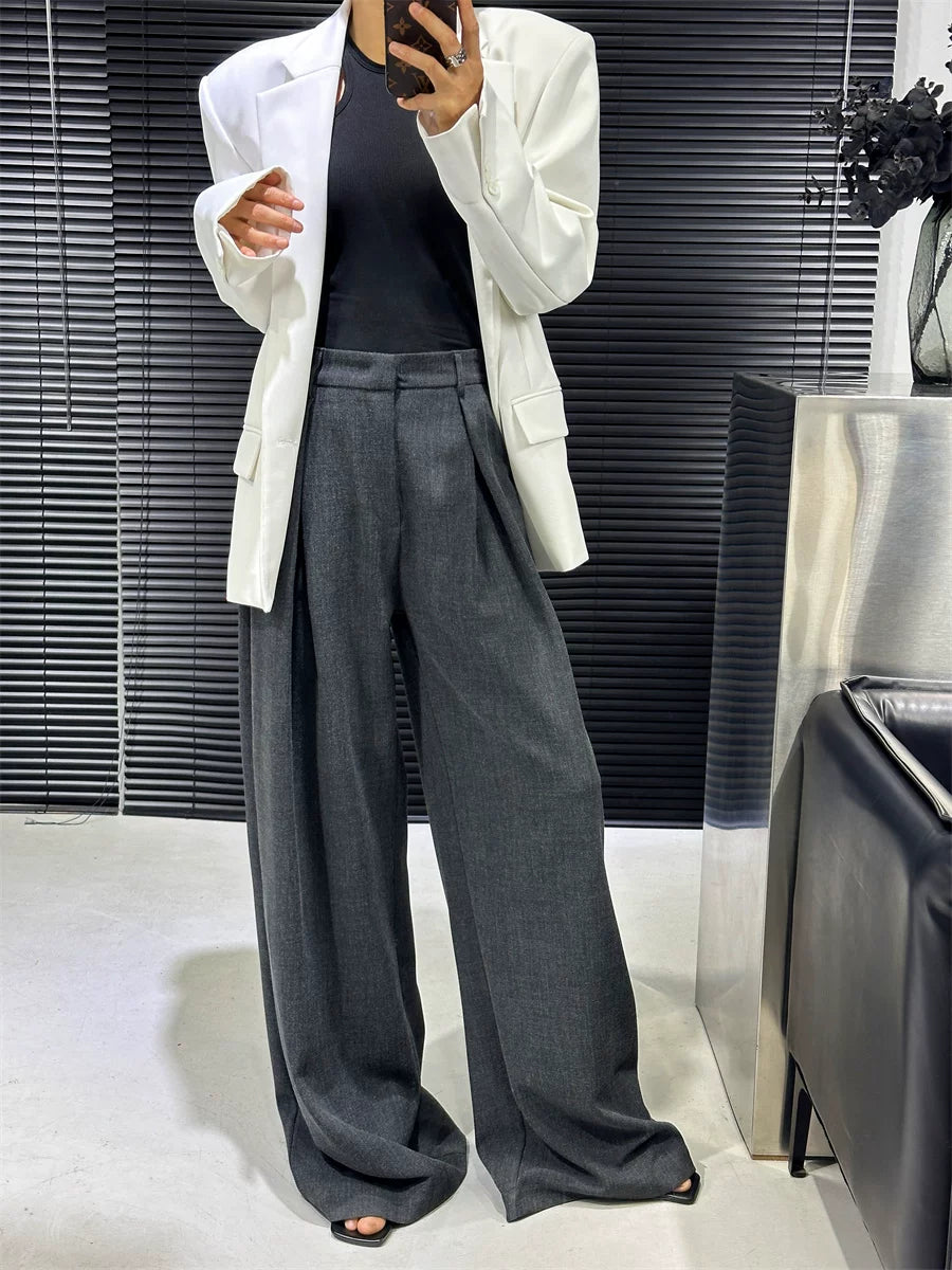 Women's Grey Draped Workwear Oversized Slim-fit Casual Wide-leg Pants for Office Outfits Business Travel Comfort Slimming Weekend Everyday