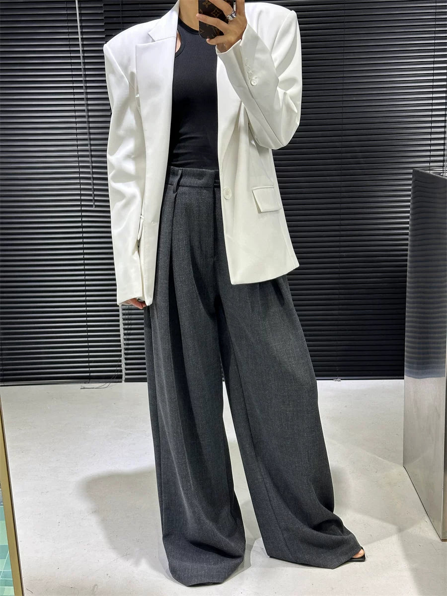 Women's Grey Draped Workwear Oversized Slim-fit Casual Wide-leg Pants for Office Outfits Business Travel Comfort Slimming Weekend Everyday