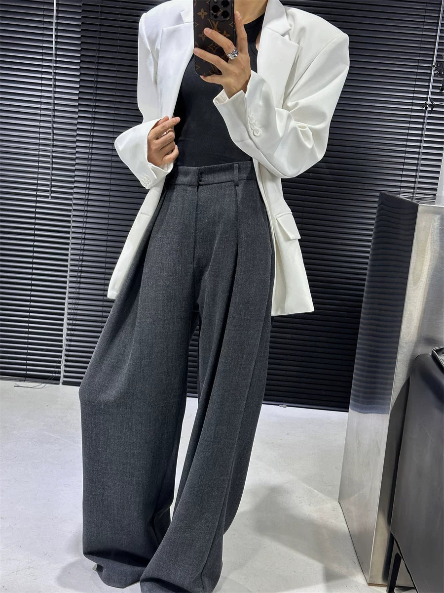 Women's Grey Draped Workwear Oversized Slim-fit Casual Wide-leg Pants for Office Outfits Business Travel Comfort Slimming Weekend Everyday
