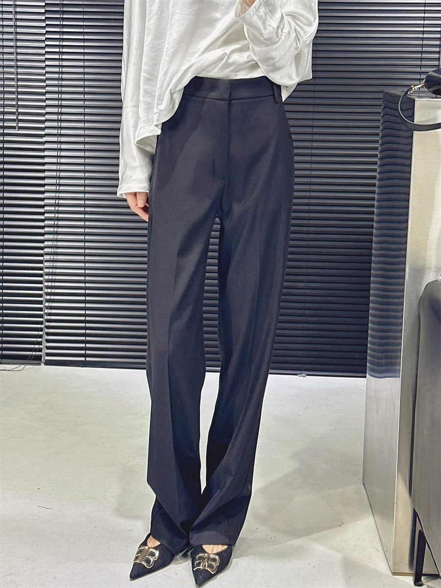 Women's Wool Black Draped Workwear Slim-fit Casual Straight Pants Wide-leg for Office Outfits Business Travel Comfort Slimming Weekend Everyday