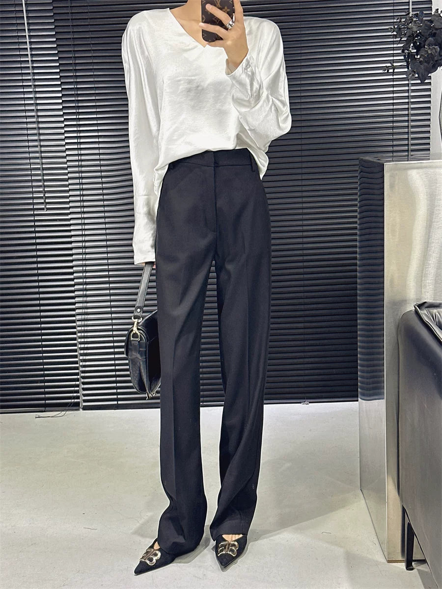 Women's Wool Black Draped Workwear Slim-fit Casual Straight Pants Wide-leg for Office Outfits Business Travel Comfort Slimming Weekend Everyday
