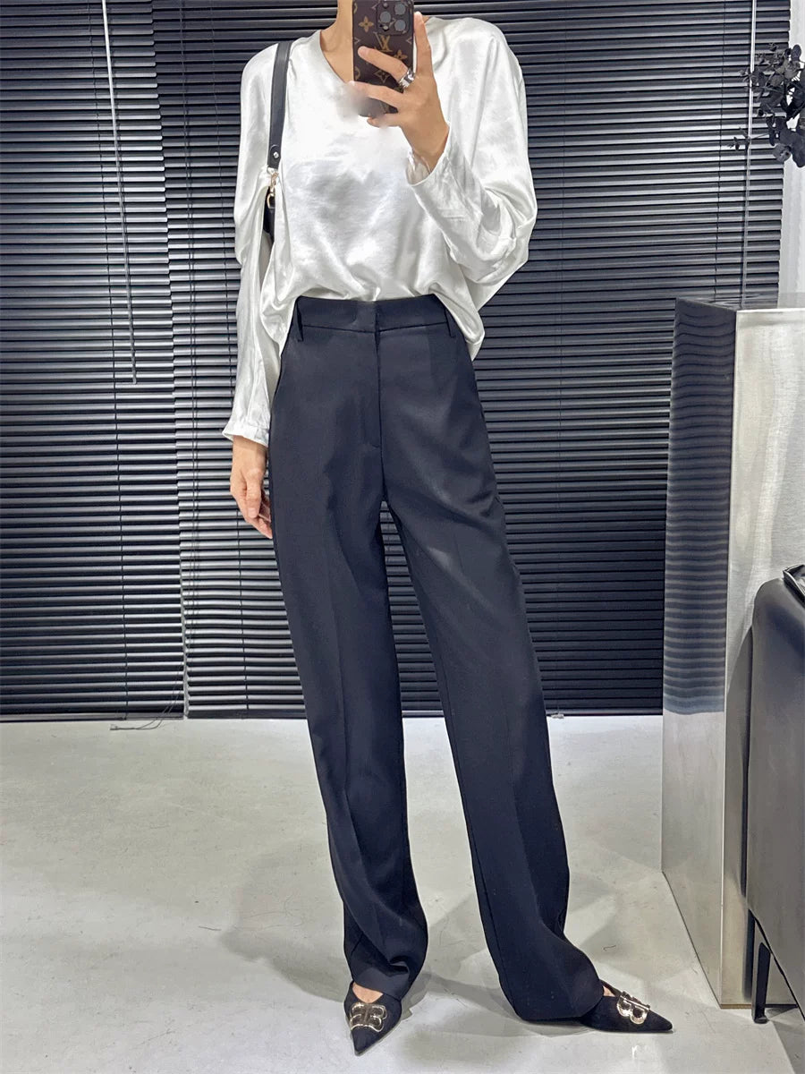 Women's Wool Black Draped Workwear Slim-fit Casual Straight Pants Wide-leg for Office Outfits Business Travel Comfort Slimming Weekend Everyday