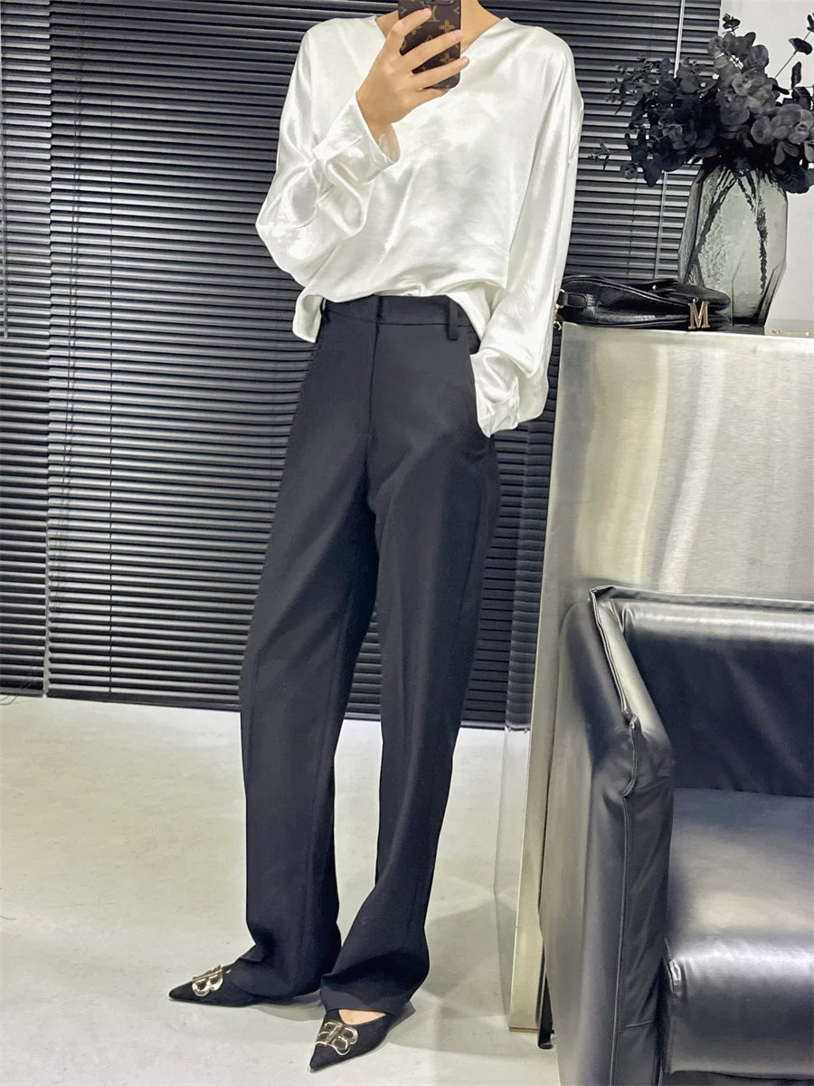 Women's Wool Black Draped Workwear Slim-fit Casual Straight Pants Wide-leg for Office Outfits Business Travel Comfort Slimming Weekend Everyday