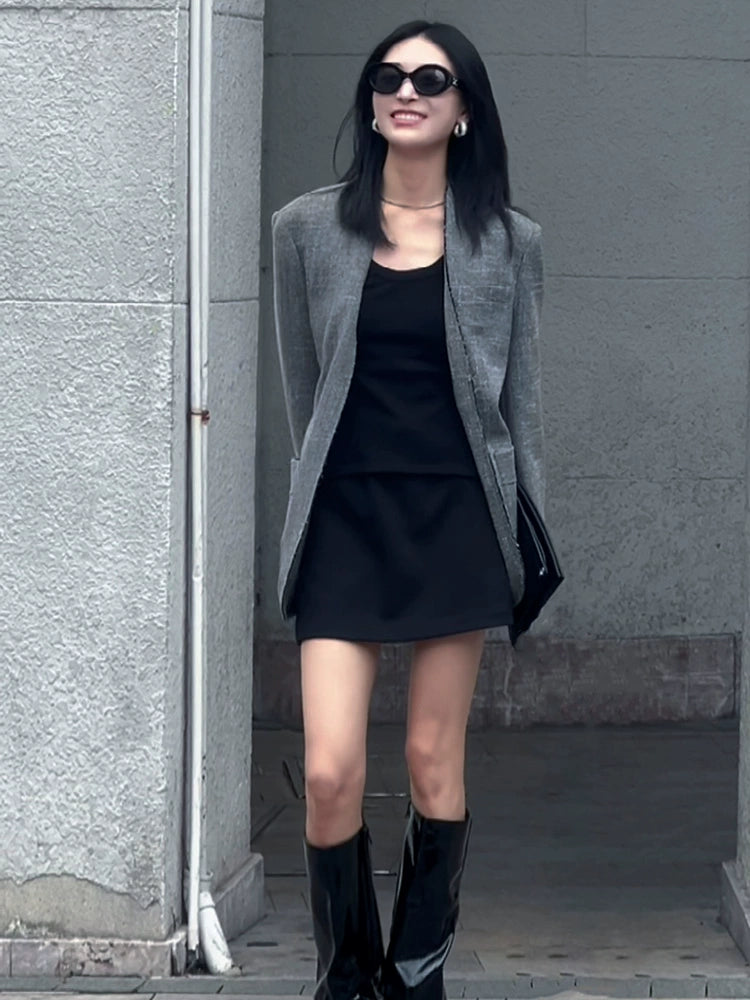 Women's Grey Oversized Long Sleeve Blazer Office Workwear Jacket Business Casual Holiday Date Night Spring Fall