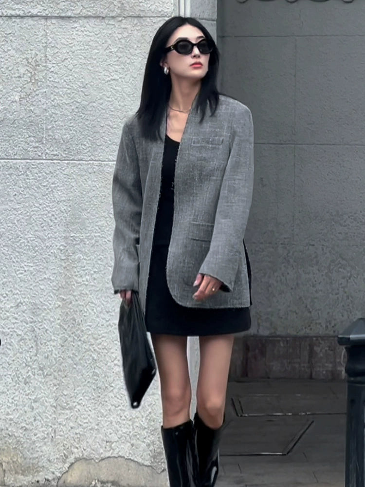 Women's Grey Oversized Long Sleeve Blazer Office Workwear Jacket Business Casual Holiday Date Night Spring Fall