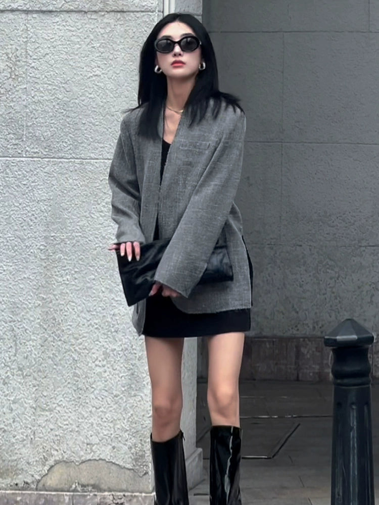 Women's Grey Oversized Long Sleeve Blazer Office Workwear Jacket Business Casual Holiday Date Night Spring Fall