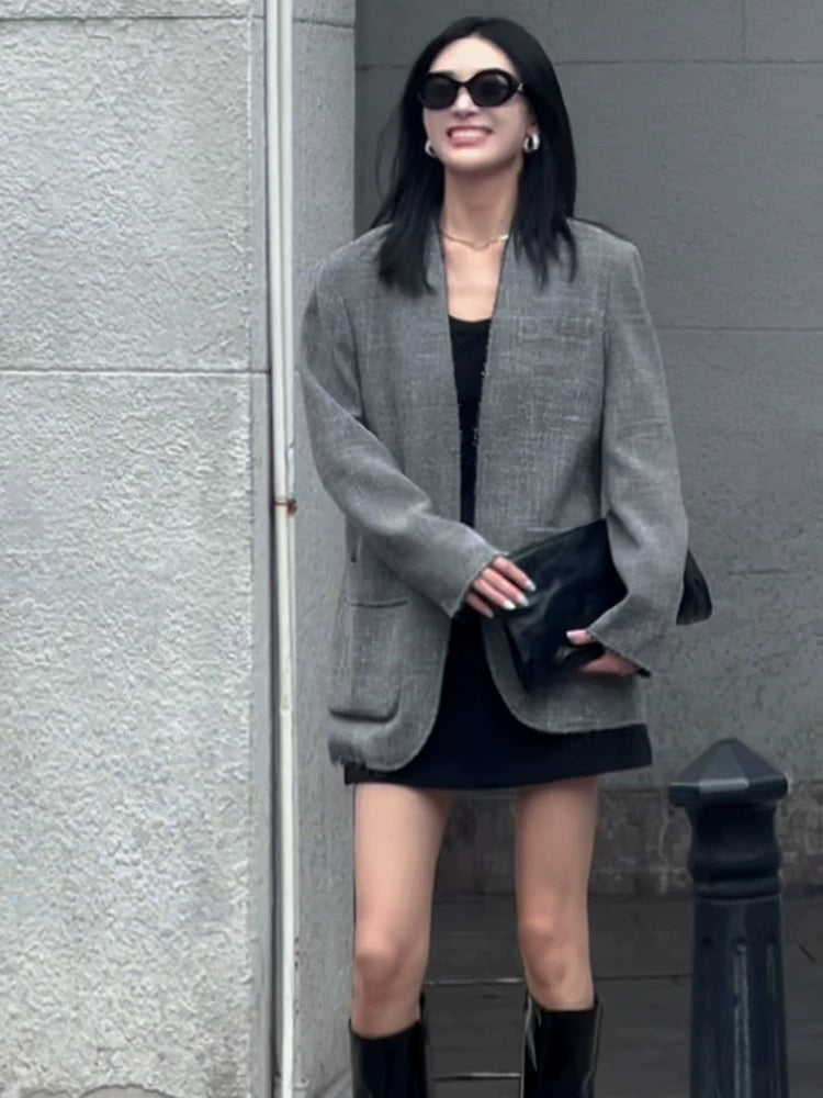 Women's Grey Oversized Long Sleeve Blazer Office Workwear Jacket Business Casual Holiday Date Night Spring Fall