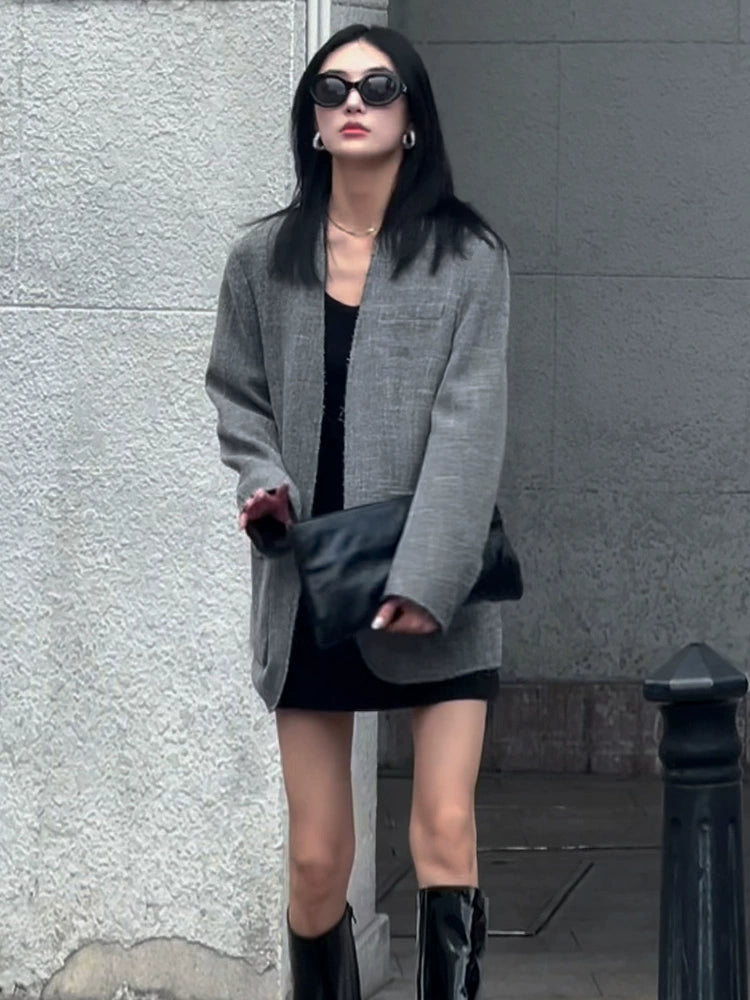 Women's Grey Oversized Long Sleeve Blazer Office Workwear Jacket Business Casual Holiday Date Night Spring Fall
