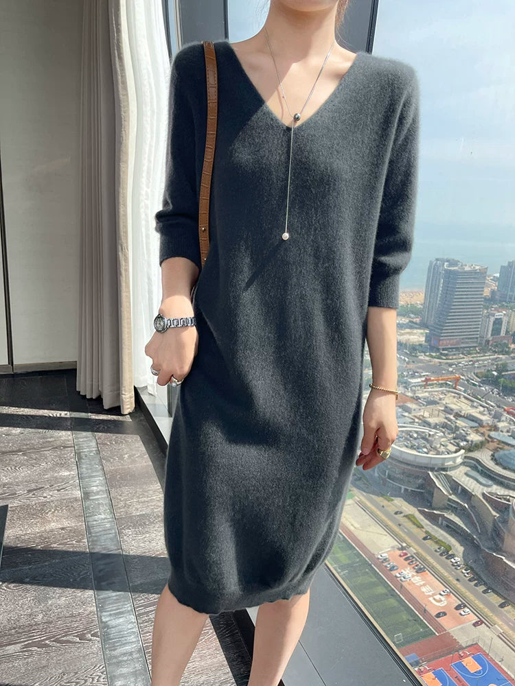 Women's V-neck Fall Winter Longline Oversized Slim-fit Midi Dress Office Casual Dress for Wedding Guest Date Night Business Slimming Cocktail Party Weekend