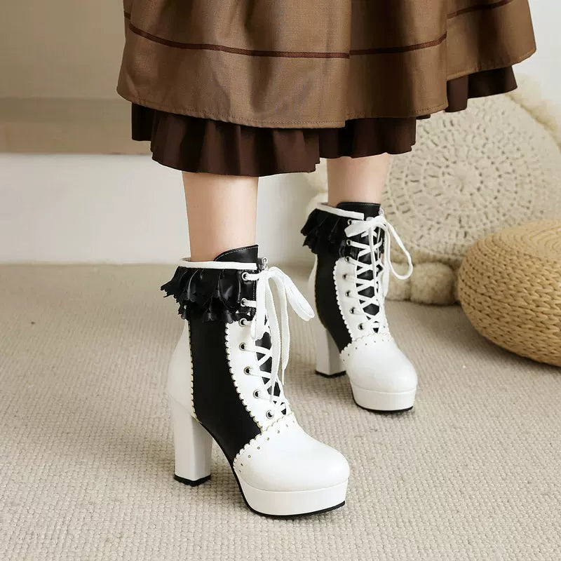 Women's Platform Block Heel High Heel Plus Size Lace-Up Tall Riding Boots Combat Ankle for Fall Outfits Streetwear Winter Office and Weekend