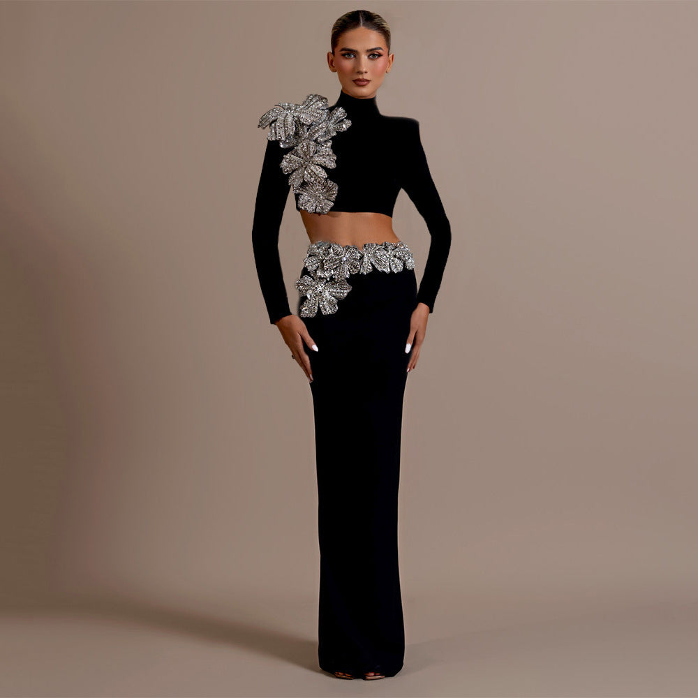 Women's Mock Neck Maxi Crystal Long Sleeve Cropped Two-Piece Set for Office Workwear Wedding Guest Business Casual Travel Weekend At Home