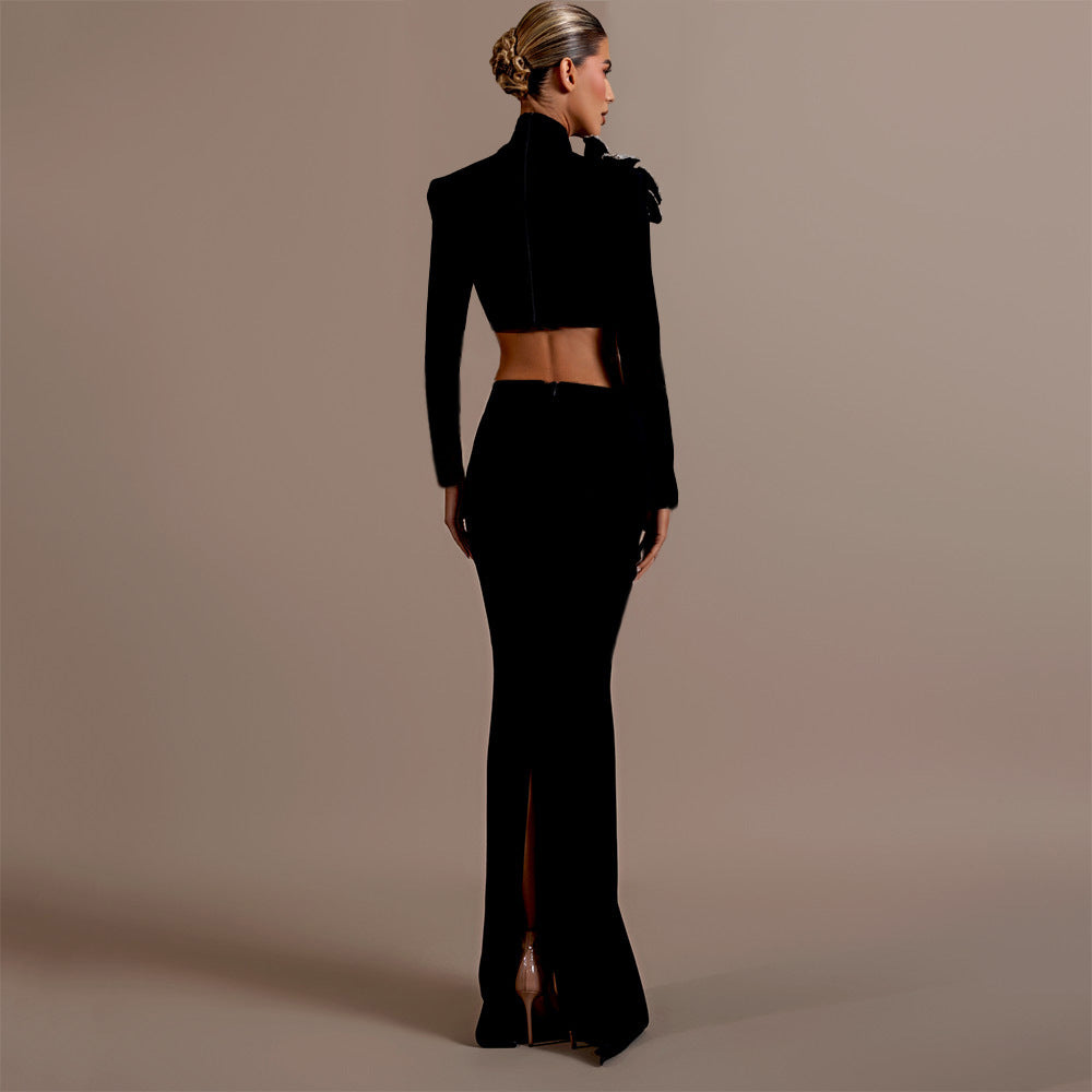 Women's Mock Neck Maxi Crystal Long Sleeve Cropped Two-Piece Set for Office Workwear Wedding Guest Business Casual Travel Weekend At Home