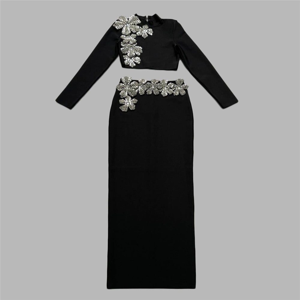 Women's Mock Neck Maxi Crystal Long Sleeve Cropped Two-Piece Set for Office Workwear Wedding Guest Business Casual Travel Weekend At Home