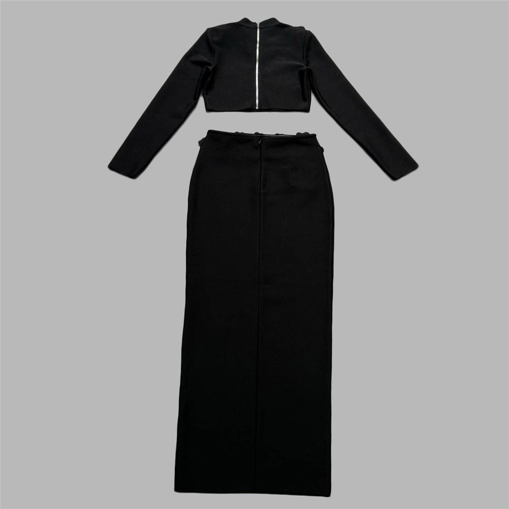 Women's Mock Neck Maxi Crystal Long Sleeve Cropped Two-Piece Set for Office Workwear Wedding Guest Business Casual Travel Weekend At Home