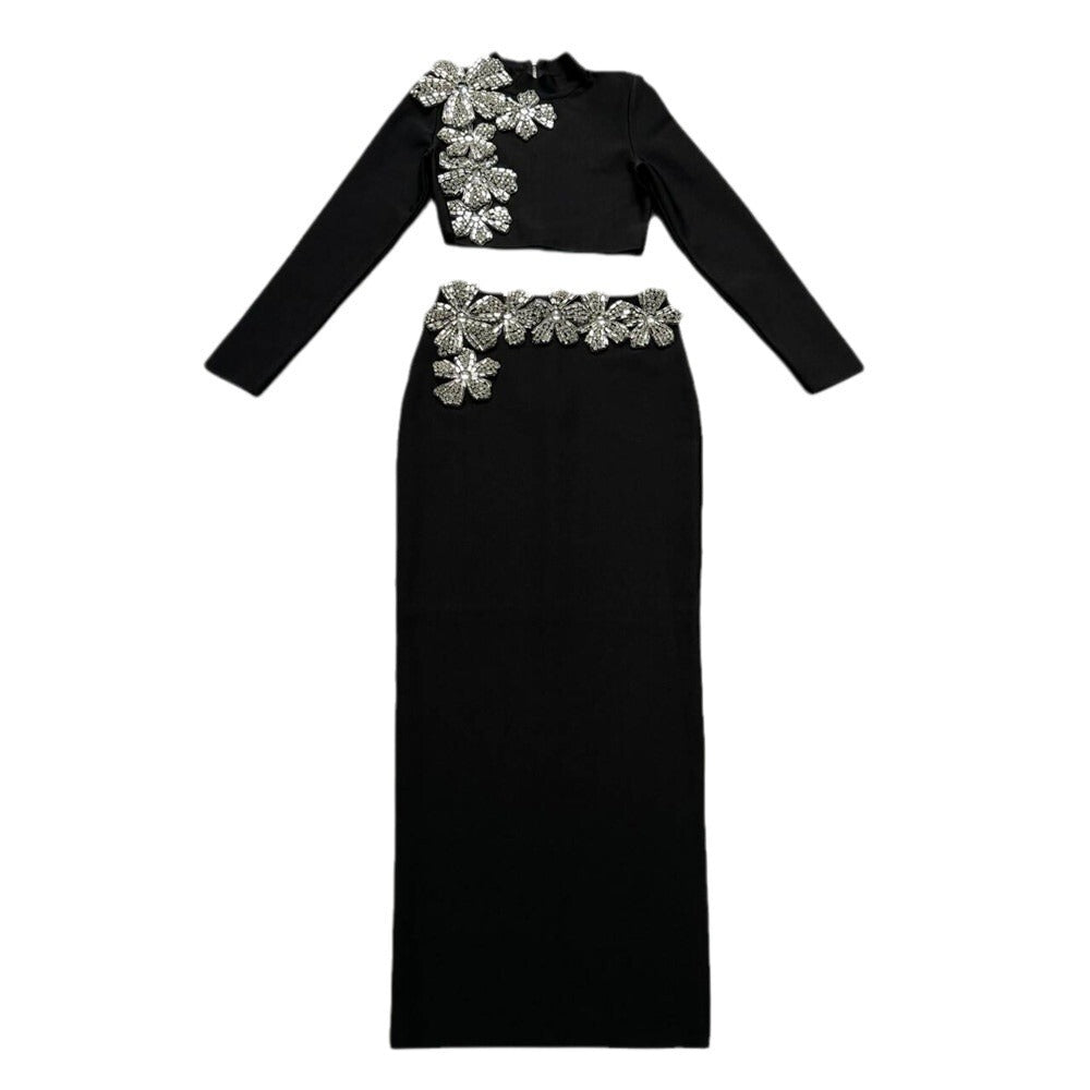 Women's Mock Neck Maxi Crystal Long Sleeve Cropped Two-Piece Set for Office Workwear Wedding Guest Business Casual Travel Weekend At Home