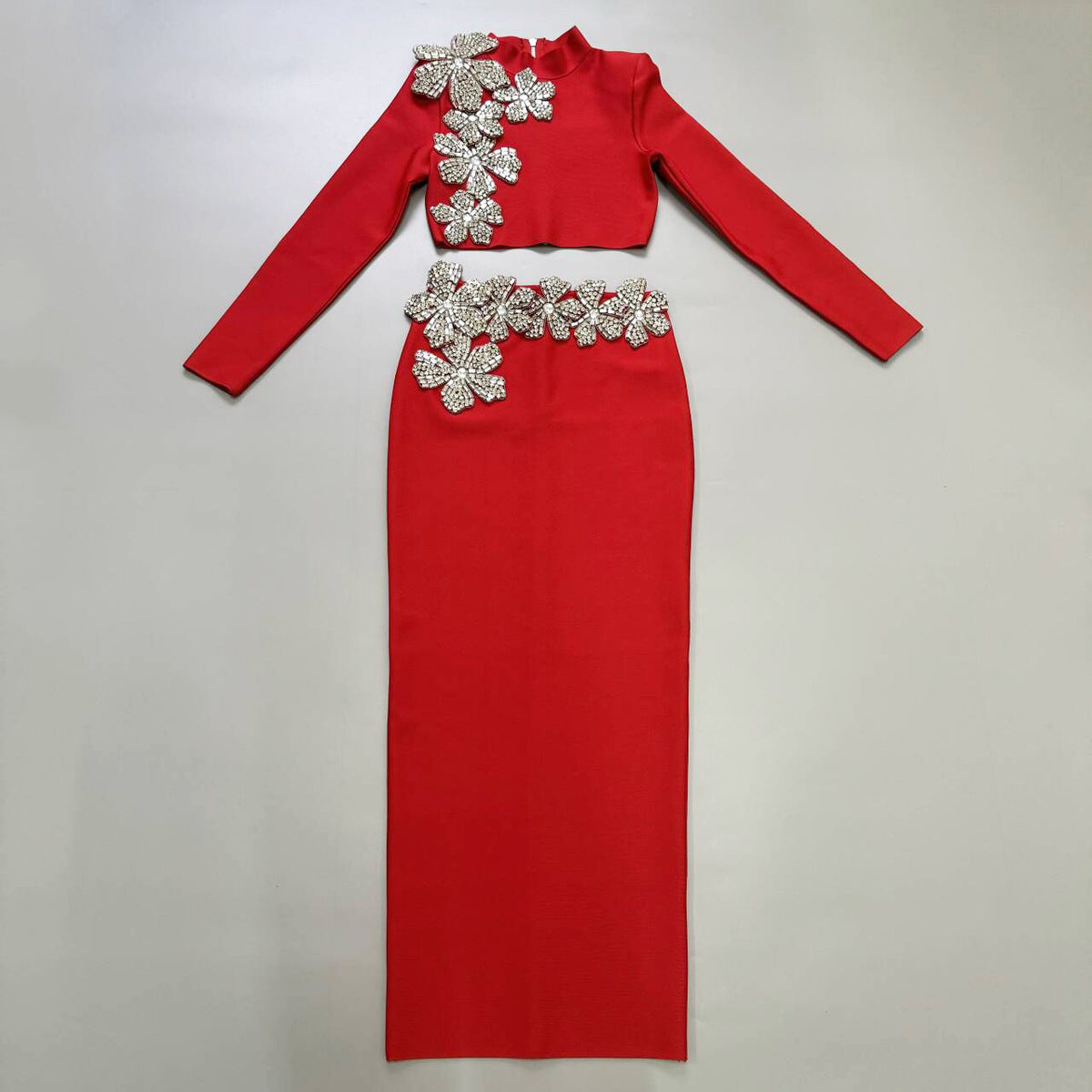 Women's Mock Neck Maxi Crystal Long Sleeve Cropped Two-Piece Set for Office Workwear Wedding Guest Business Casual Travel Weekend At Home