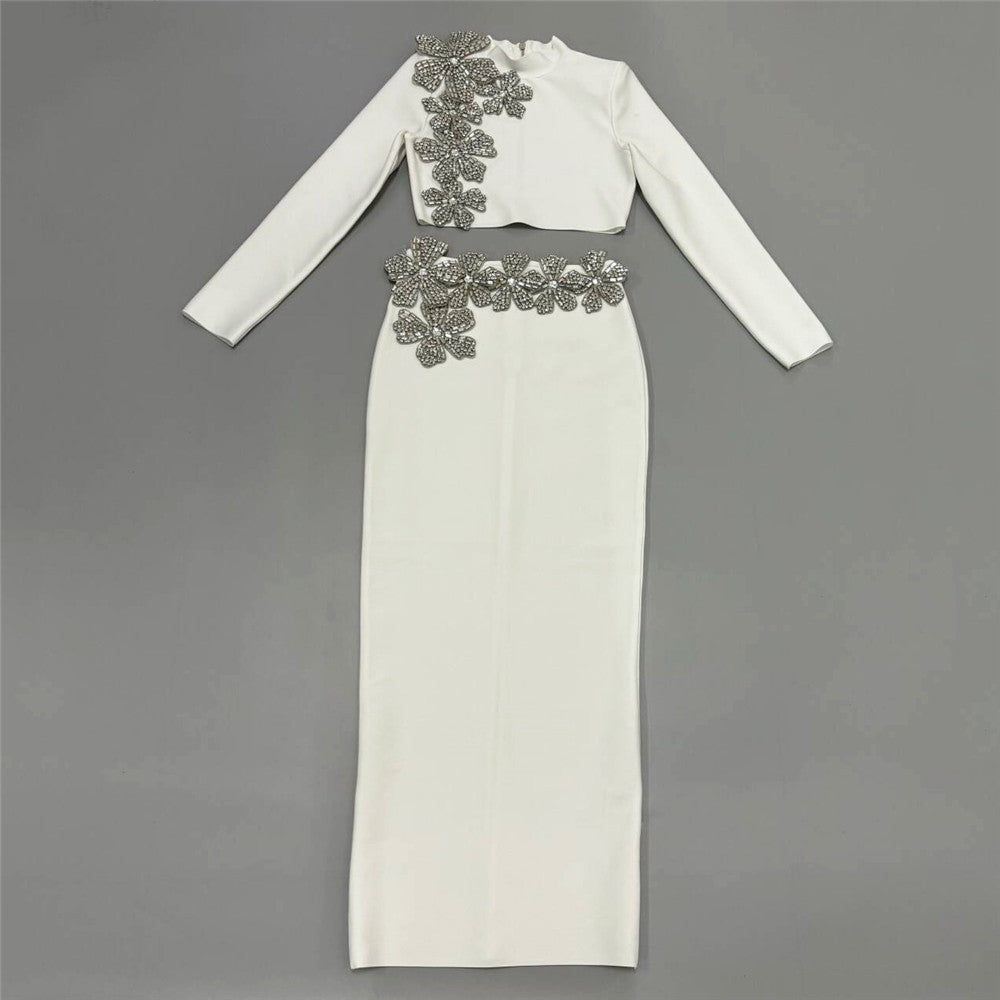 Women's Mock Neck Maxi Crystal Long Sleeve Cropped Two-Piece Set for Office Workwear Wedding Guest Business Casual Travel Weekend At Home