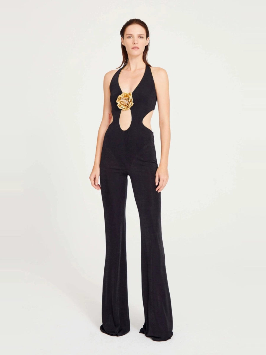 Women's Open-Back High-Waist Floral Party Jumpsuit Sleeveless Overall Romper for Office Outfits Date Night Wedding Guest Casual Wear Weekend