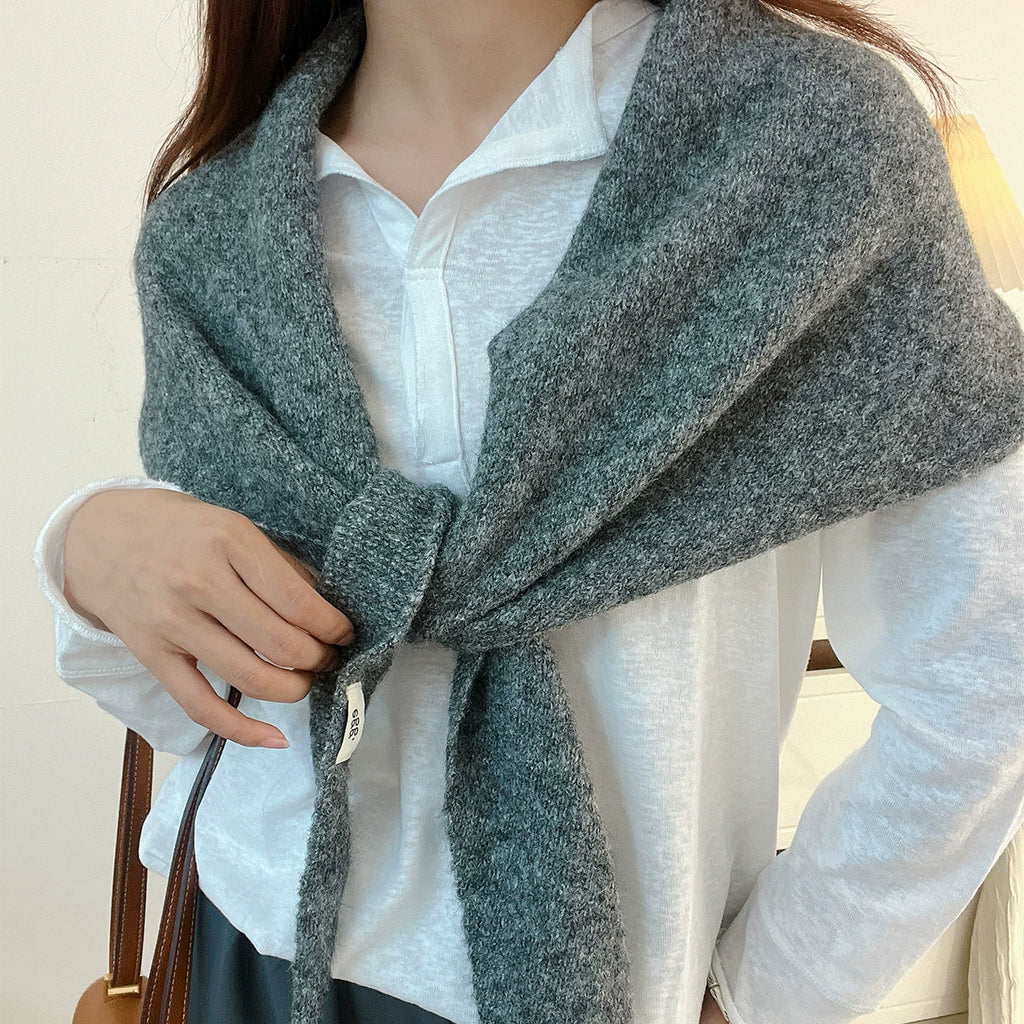 Women's Wool Fall Winter Fleece-Lined Korean-Style Knit Shawl for Office and Travel Evening Gift
