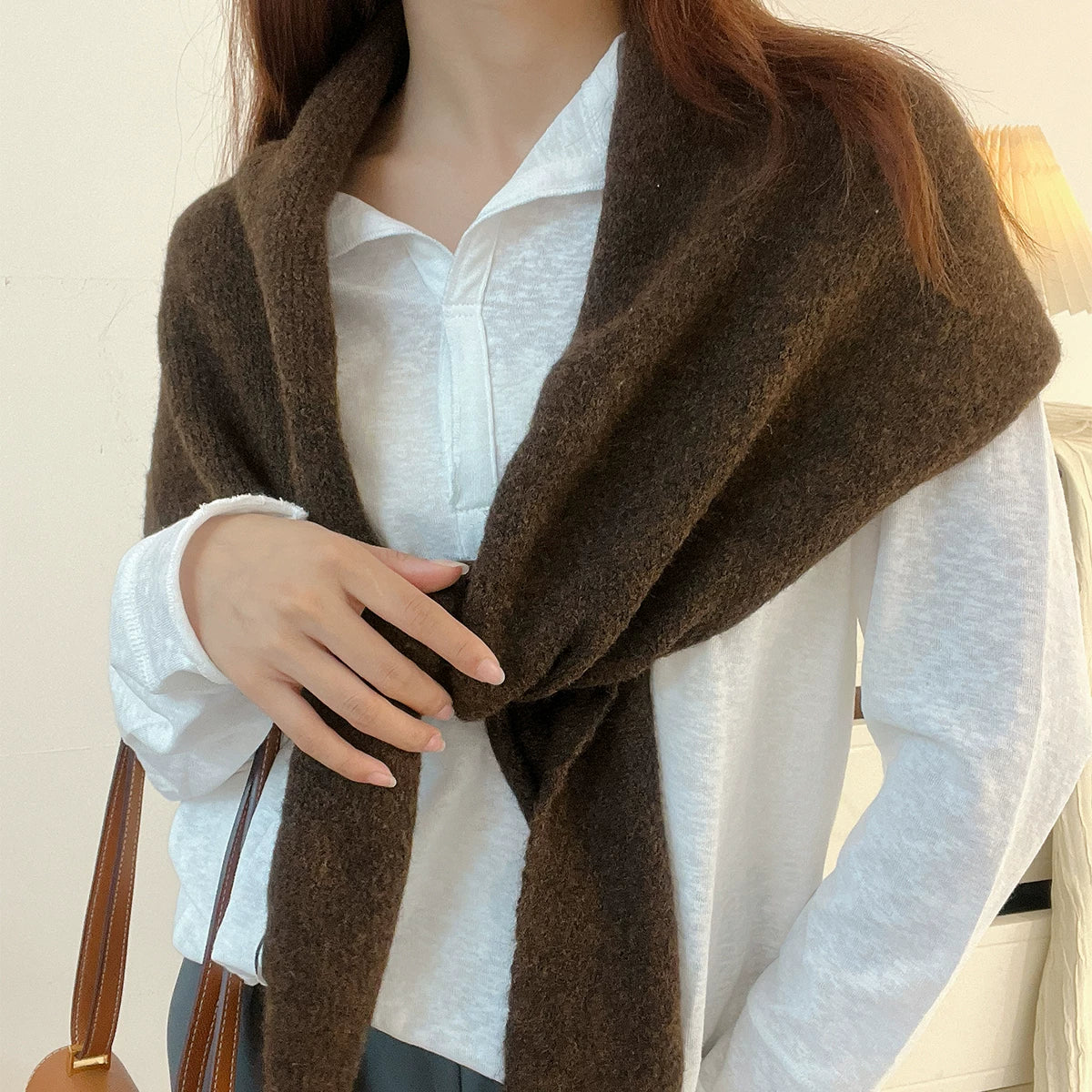 Women's Wool Fall Winter Fleece-Lined Korean-Style Knit Shawl for Office and Travel Evening Gift