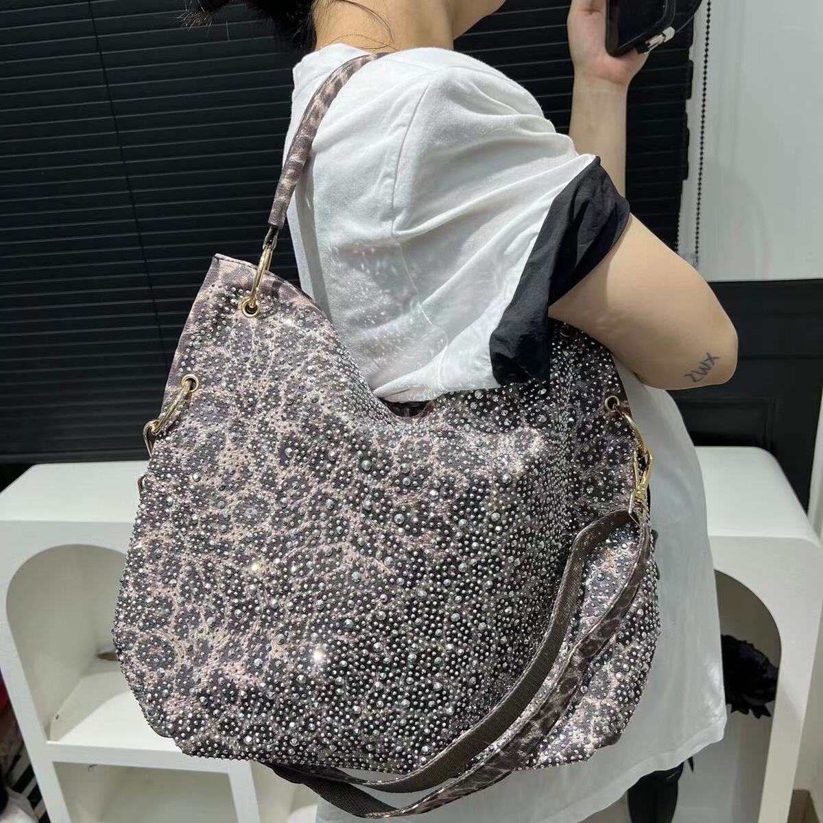Women's Large-capacity Leopard Crystal Tote Bag Shoulder Crossbody Purse Premium Work and Travel Office
