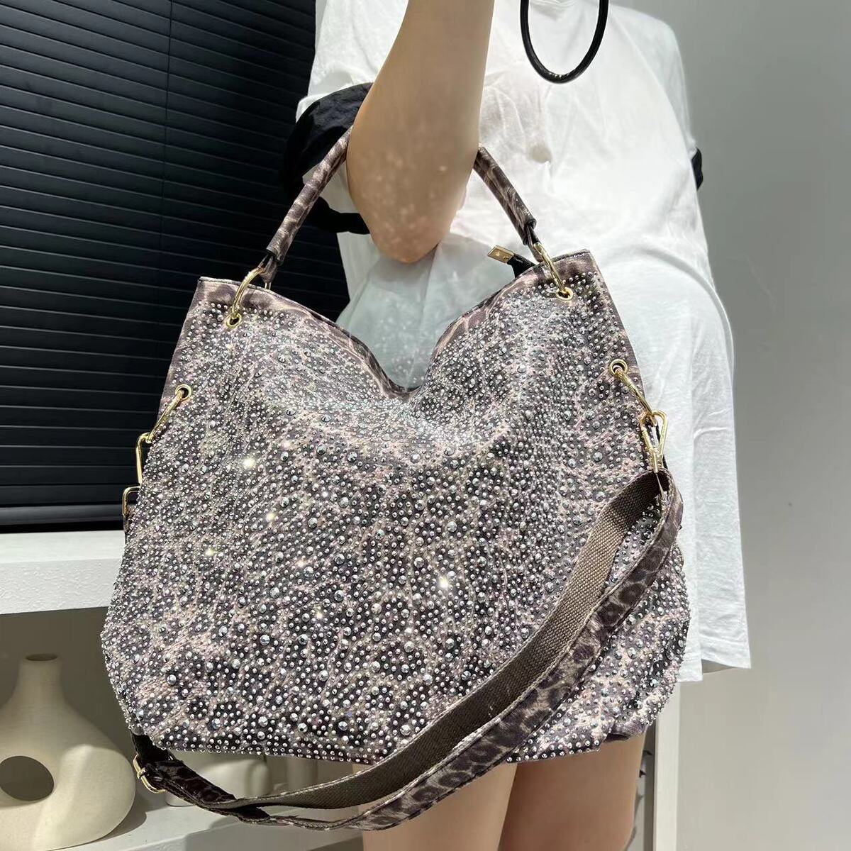 Women's Large-capacity Leopard Crystal Tote Bag Shoulder Crossbody Purse Premium Work and Travel Office