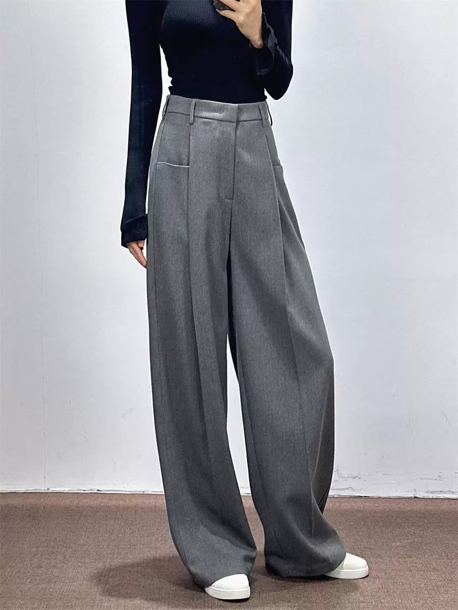 Women's Fall Winter Grey Draped Workwear Oversized Wide-Leg Pants for Office Outfits Business Casual Travel Comfort Weekend Everyday