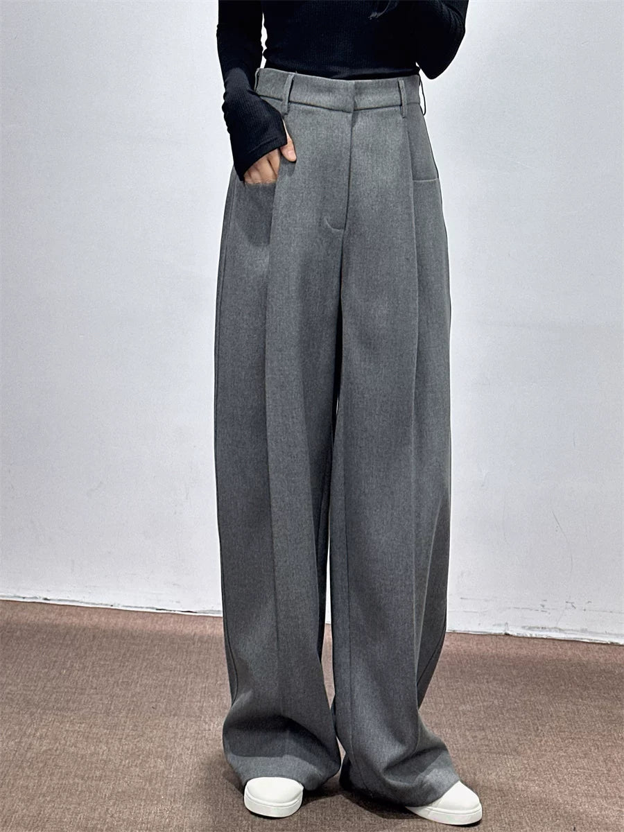 Women's Fall Winter Grey Draped Workwear Oversized Wide-Leg Pants for Office Outfits Business Casual Travel Comfort Weekend Everyday
