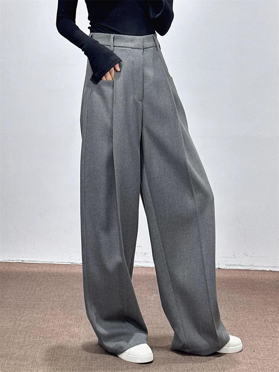 Women's Fall Winter Grey Draped Workwear Oversized Wide-Leg Pants for Office Outfits Business Casual Travel Comfort Weekend Everyday
