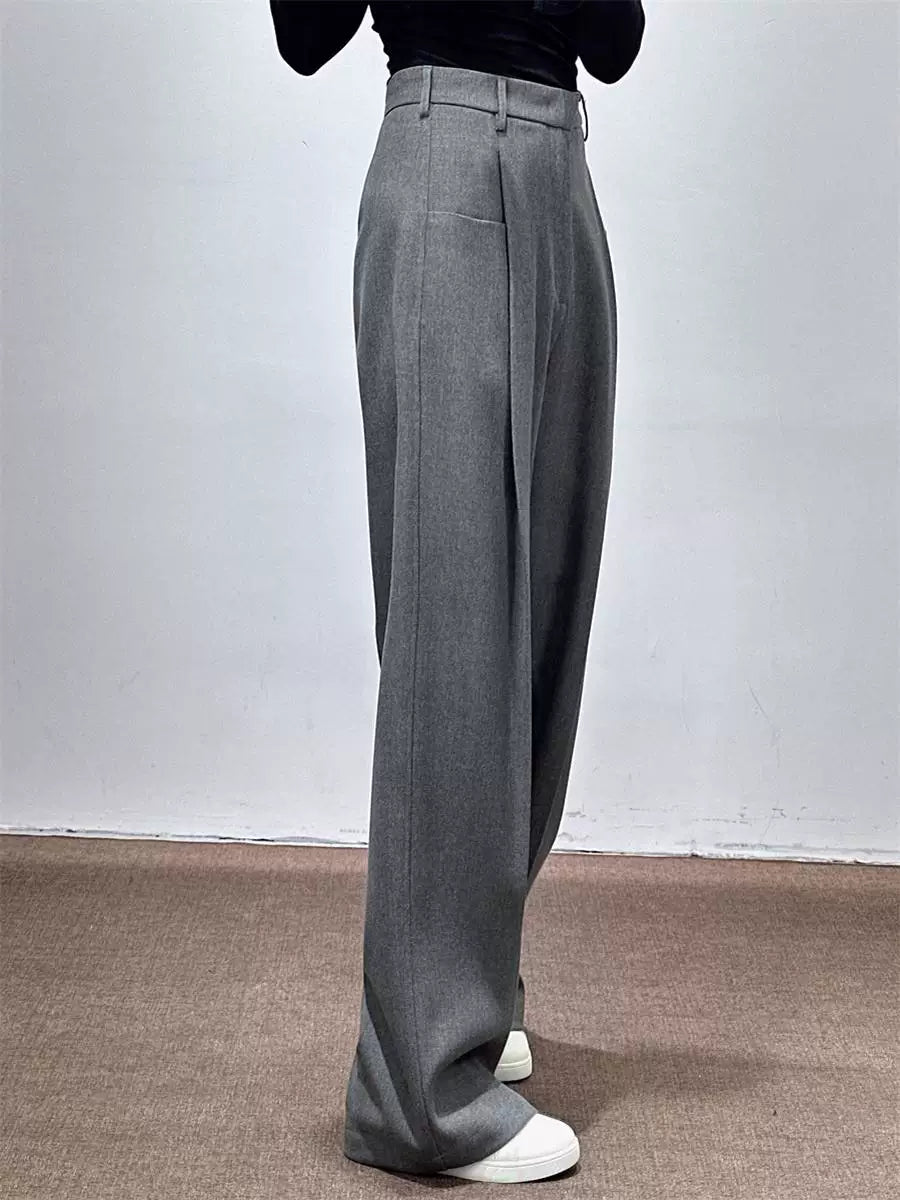 Women's Fall Winter Grey Draped Workwear Oversized Wide-Leg Pants for Office Outfits Business Casual Travel Comfort Weekend Everyday