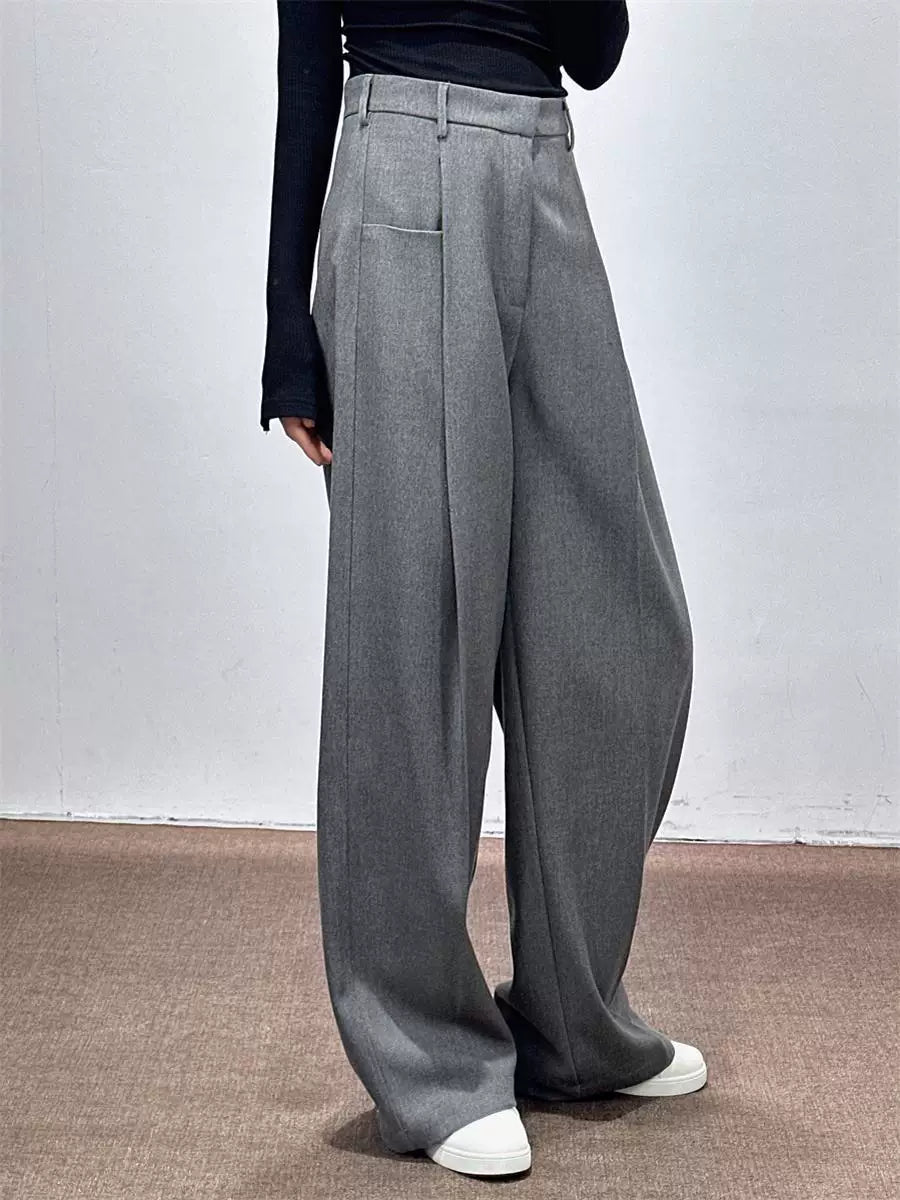 Women's Fall Winter Grey Draped Workwear Oversized Wide-Leg Pants for Office Outfits Business Casual Travel Comfort Weekend Everyday