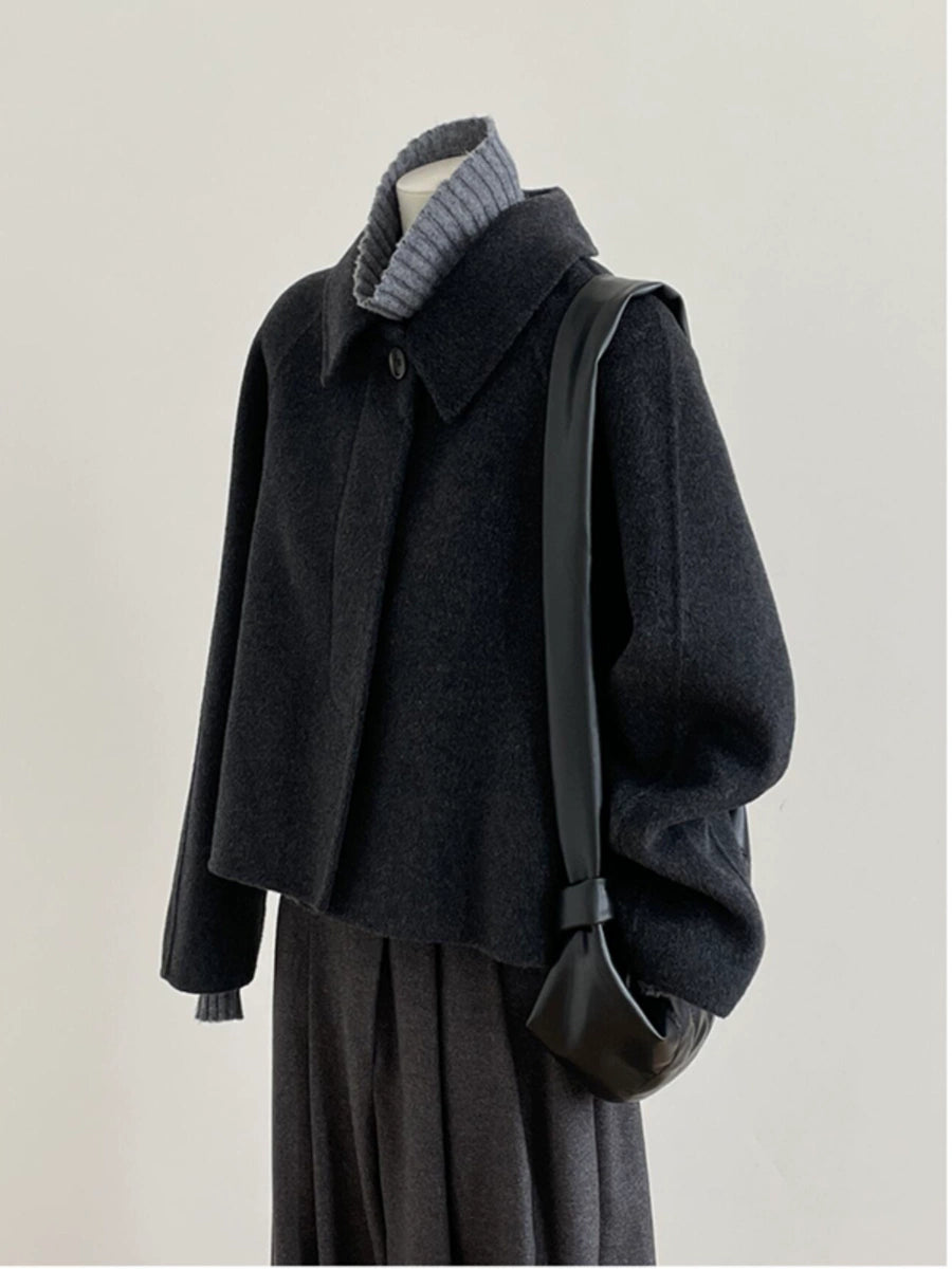 Women's Fall Winter Black Petite Cropped Korean-Style Coat for Cold Weather Travel Office Spring Holiday