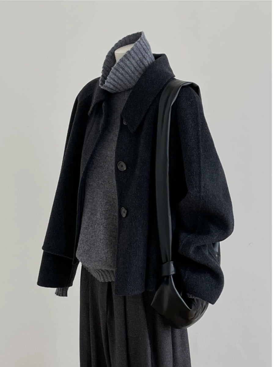 Women's Fall Winter Black Petite Cropped Korean-Style Coat for Cold Weather Travel Office Spring Holiday