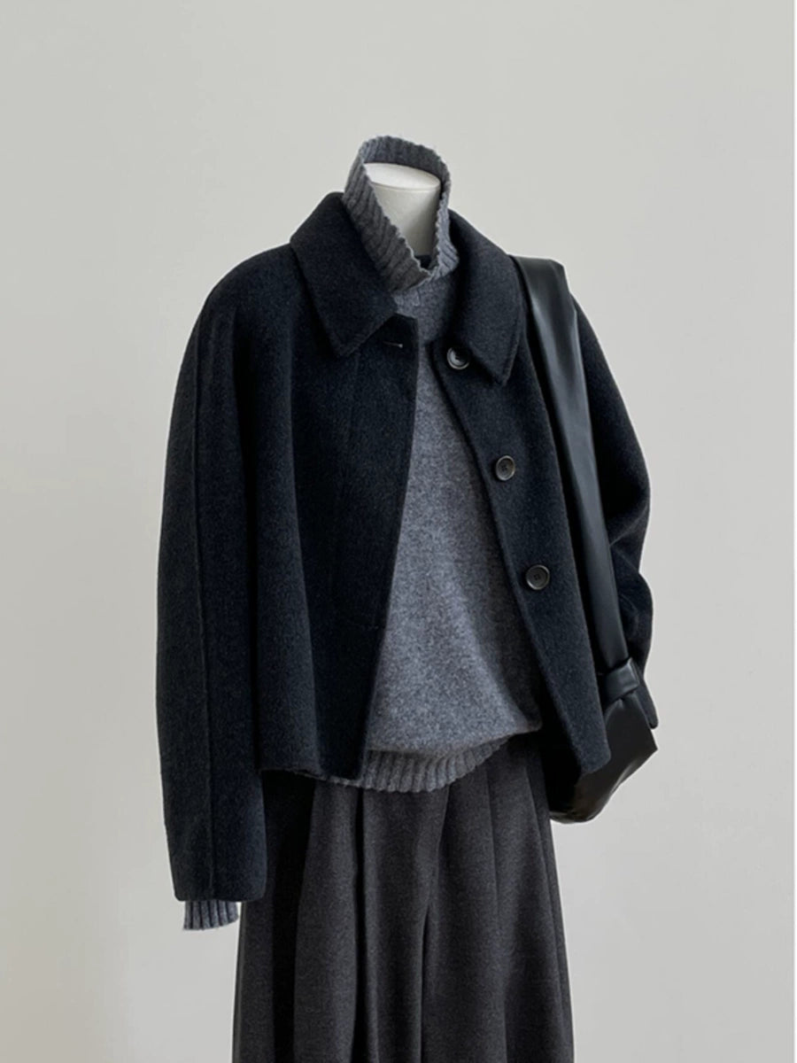 Women's Fall Winter Black Petite Cropped Korean-Style Coat for Cold Weather Travel Office Spring Holiday