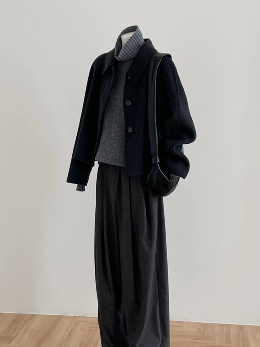 Women's Fall Winter Black Petite Cropped Korean-Style Coat for Cold Weather Travel Office Spring Holiday