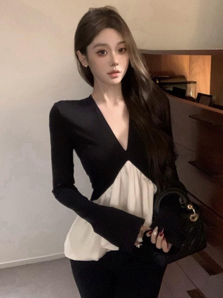 Women's Black Ruffle Long Sleeve French-Inspired Top Fashion Blouse Shirt for Office Outfits Business Casual Streetwear Weekend Everyday