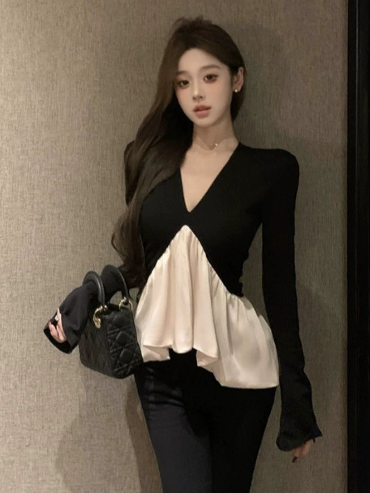Women's Black Ruffle Long Sleeve French-Inspired Top Fashion Blouse Shirt for Office Outfits Business Casual Streetwear Weekend Everyday