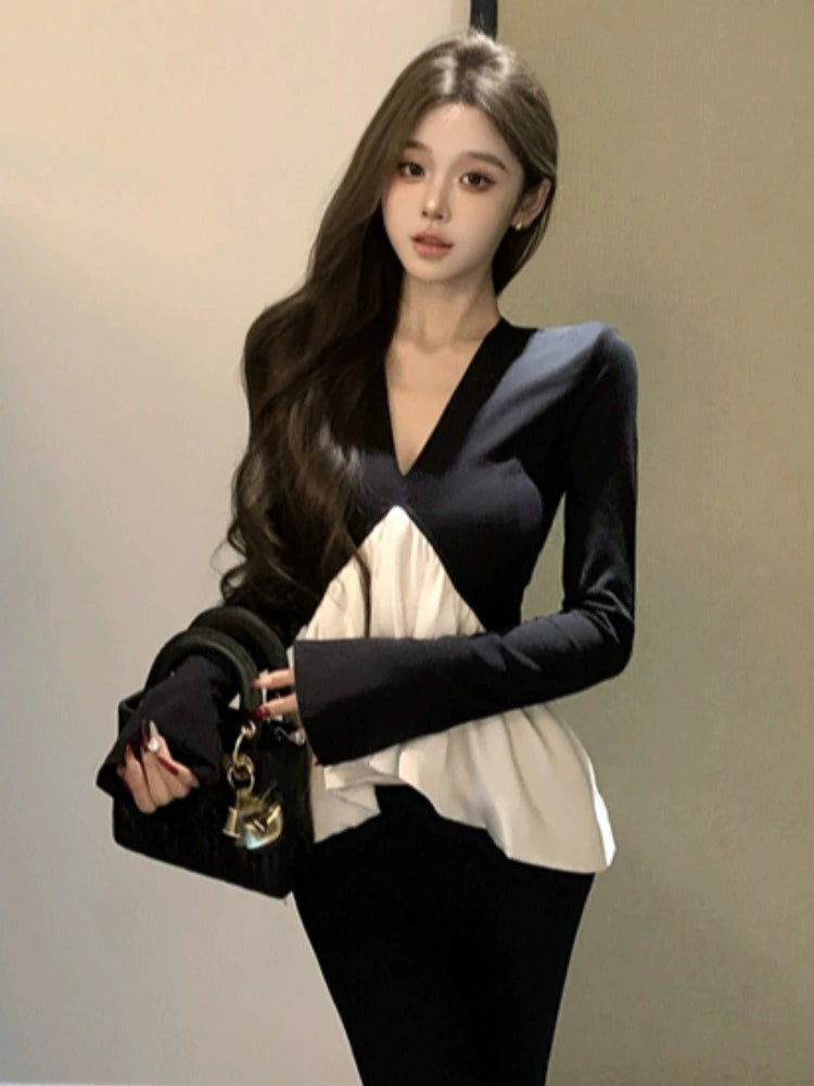 Women's Black Ruffle Long Sleeve French-Inspired Top Fashion Blouse Shirt for Office Outfits Business Casual Streetwear Weekend Everyday