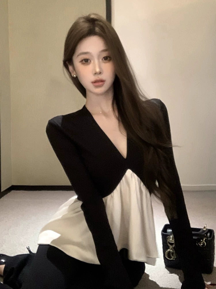 Women's Black Ruffle Long Sleeve French-Inspired Top Fashion Blouse Shirt for Office Outfits Business Casual Streetwear Weekend Everyday