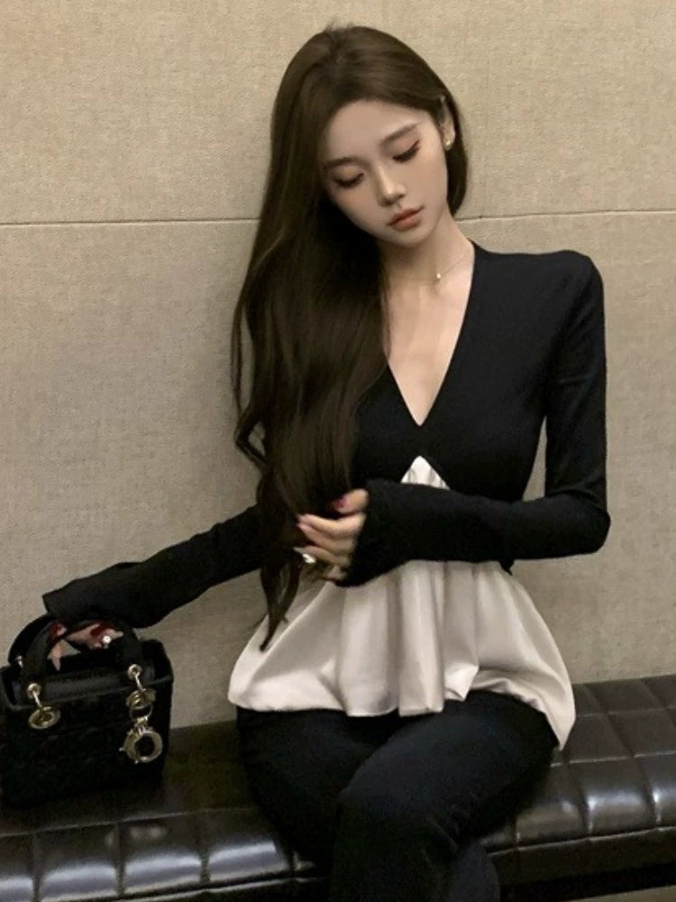 Women's Black Ruffle Long Sleeve French-Inspired Top Fashion Blouse Shirt for Office Outfits Business Casual Streetwear Weekend Everyday