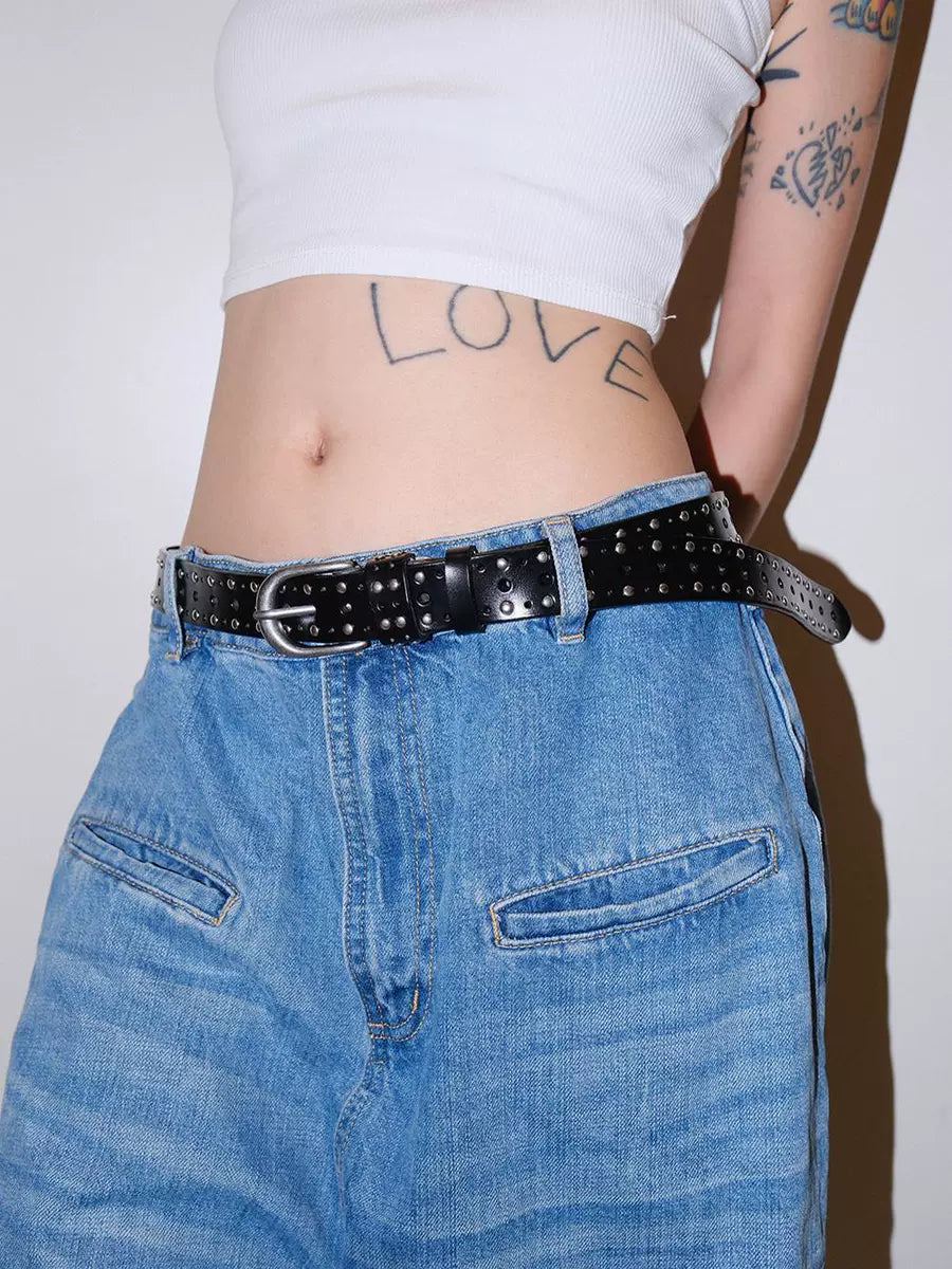 Women's Punk Skinny Unisex Studded Metal Leather No-hole Belt Waist for Date Night Gift Party Versatile Office Everyday