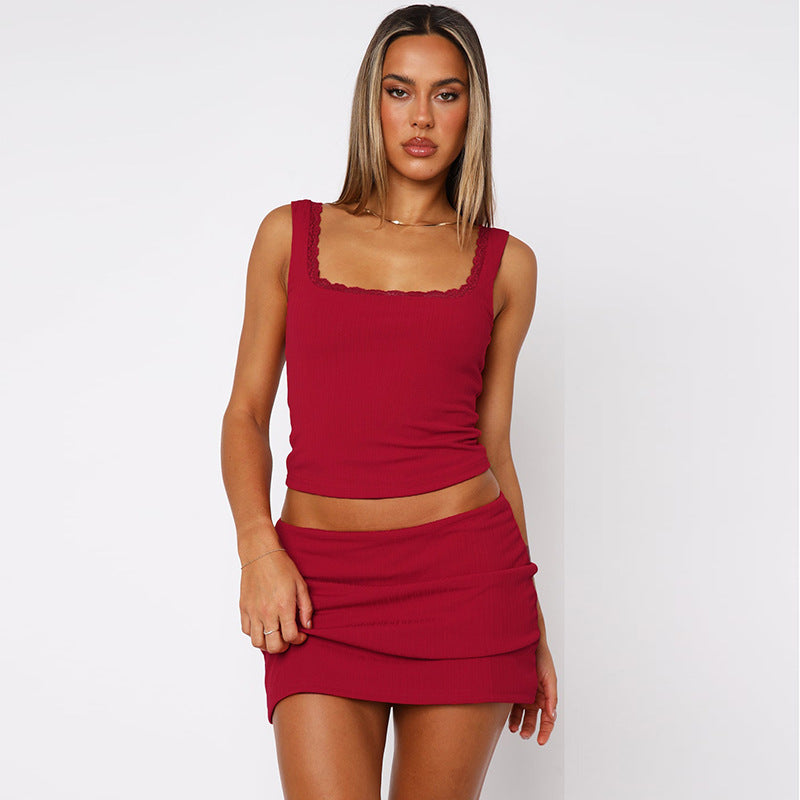 Women's Streetwear Summer Lace Square Neck Bodycon Two-Piece Set for Office Workwear Wedding Guest Business Casual Travel Weekend At Home