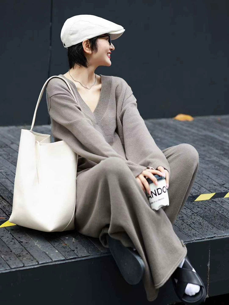 Women's Knit V-Neck Straight Casual Two-Piece Set for Office Workwear Wedding Guest Business Travel Weekend At Home