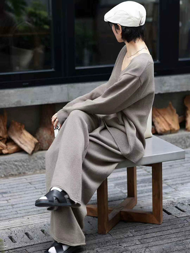 Women's Knit V-Neck Straight Casual Two-Piece Set for Office Workwear Wedding Guest Business Travel Weekend At Home