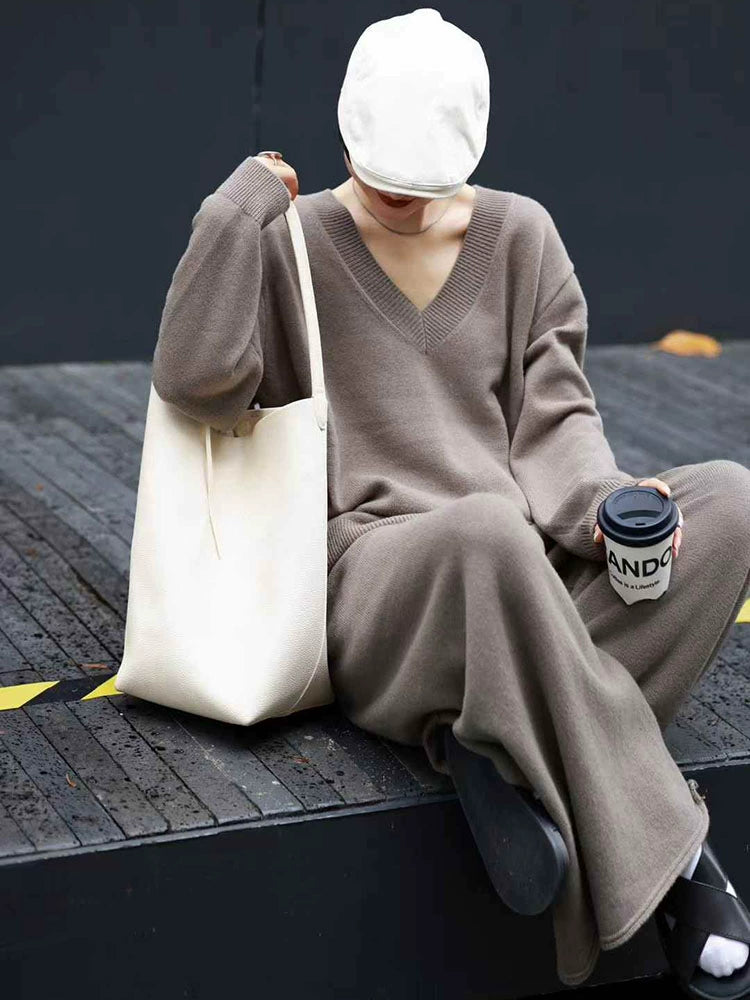 Women's Knit V-Neck Straight Casual Two-Piece Set for Office Workwear Wedding Guest Business Travel Weekend At Home