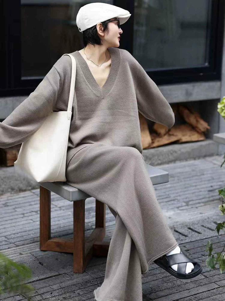 Women's Knit V-Neck Straight Casual Two-Piece Set for Office Workwear Wedding Guest Business Travel Weekend At Home