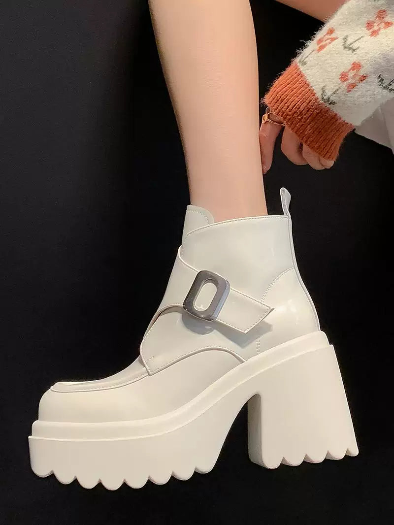 Women's Fall Winter Chunky Sole Leather High Heel Martin Combat Boots for Office and Weekend Streetwear Everyday Wear Date Night
