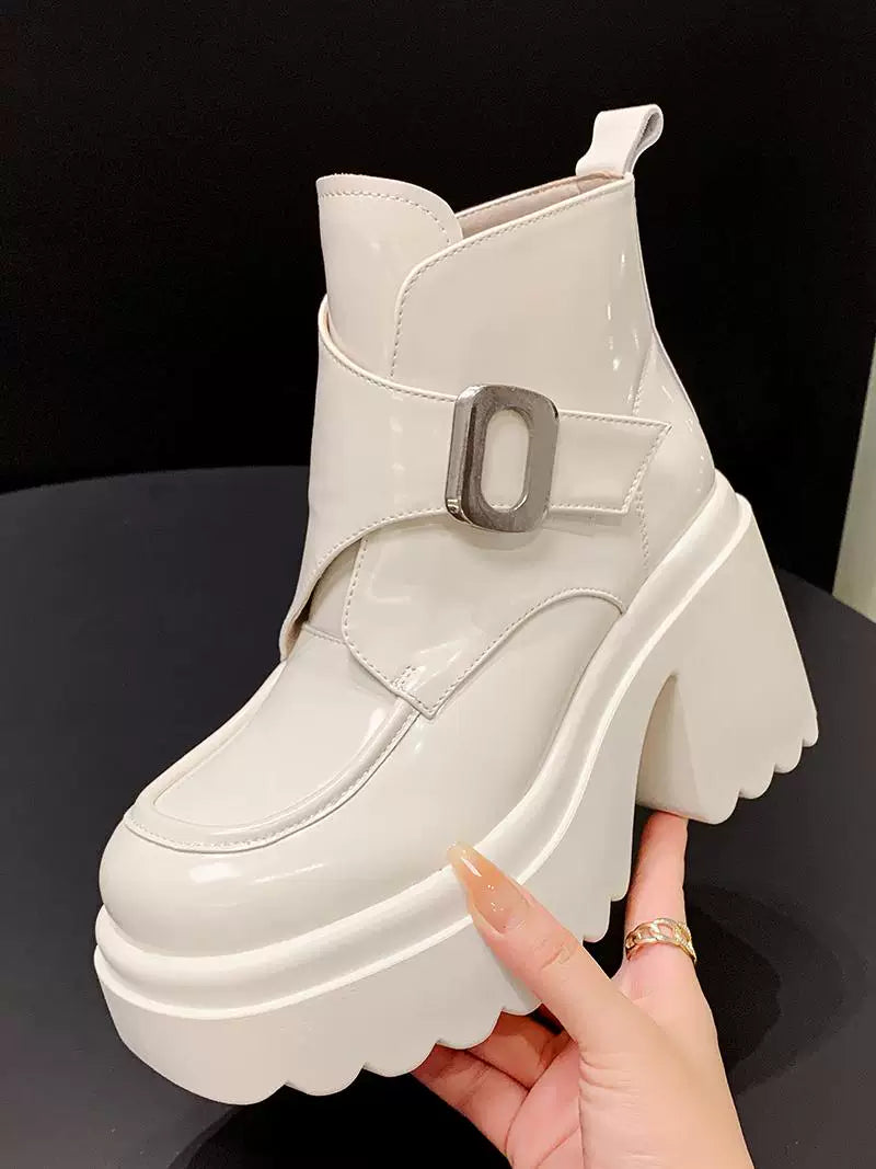Women's Fall Winter Chunky Sole Leather High Heel Martin Combat Boots for Office and Weekend Streetwear Everyday Wear Date Night