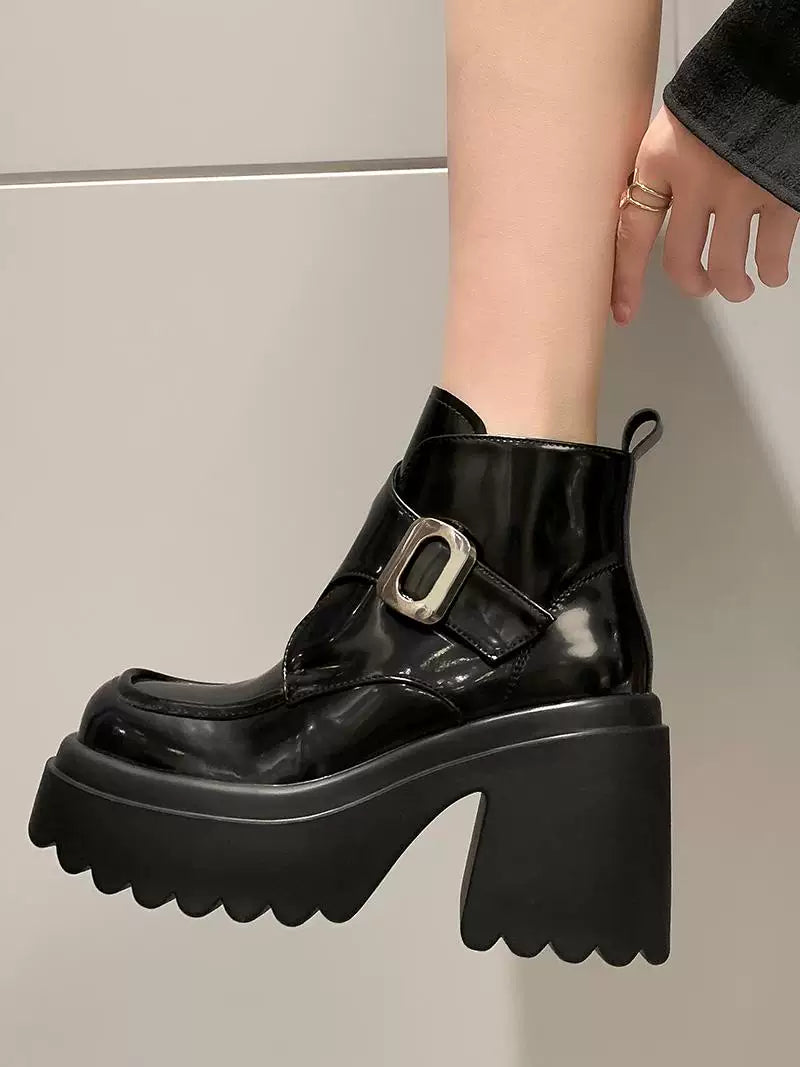 Women's Fall Winter Chunky Sole Leather High Heel Martin Combat Boots for Office and Weekend Streetwear Everyday Wear Date Night